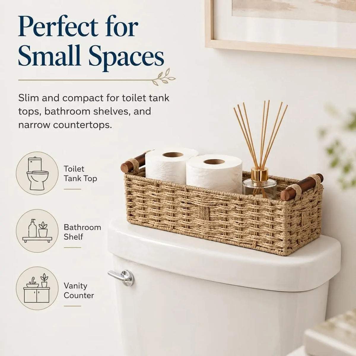 Woven Bathroom Basket with Wood Handles — Toilet Paper Storage Organizer, Back of Toilet Basket, Natural Wicker Basket for Tank Top, Countertop or Shelf