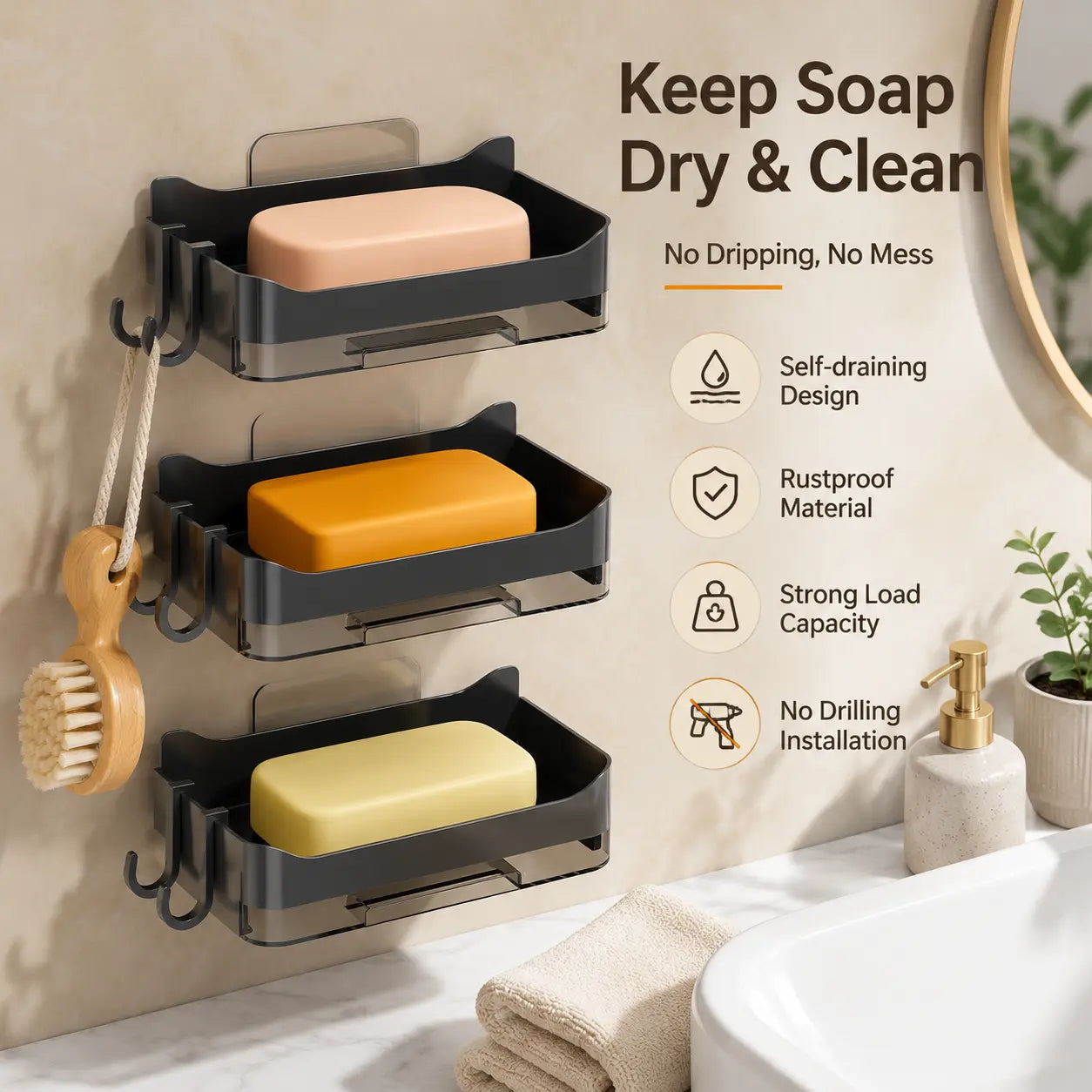 2-Layer Floating Soap Bar Holder - Adhesive Wall-Mounted Container with Removable Washable Drain Tray, Double Hanging Hooks, Waterproof for Bathroom Shower Storage (Home Bathroom Supplies), Bar Soap Container, Bathroom Storage
