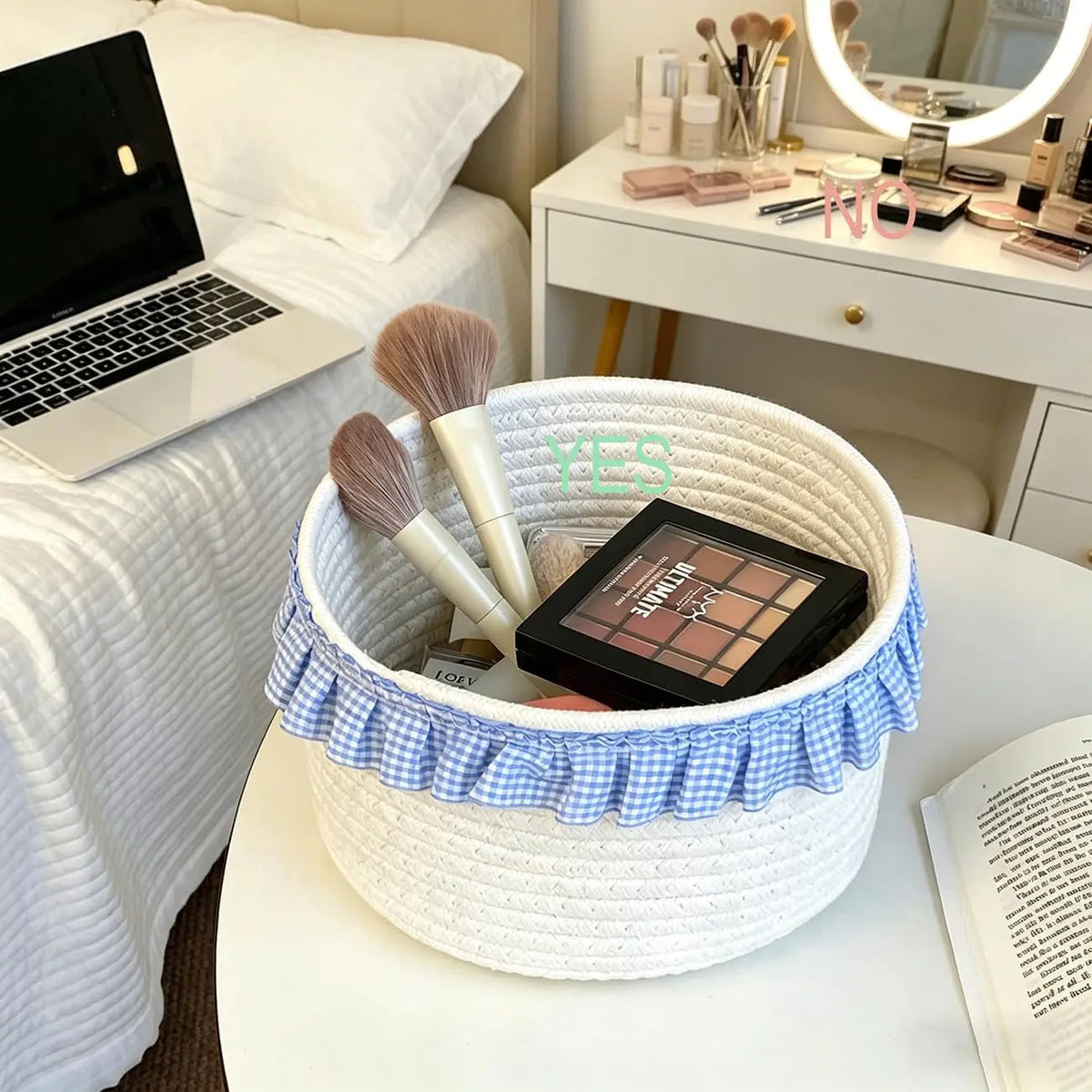 Round Storage Basket, Small Decorative Storage Bin for Bedroom, Kitchen, Office, Bathroom, Countertop Organizer, 8.3”D x 4.7”H