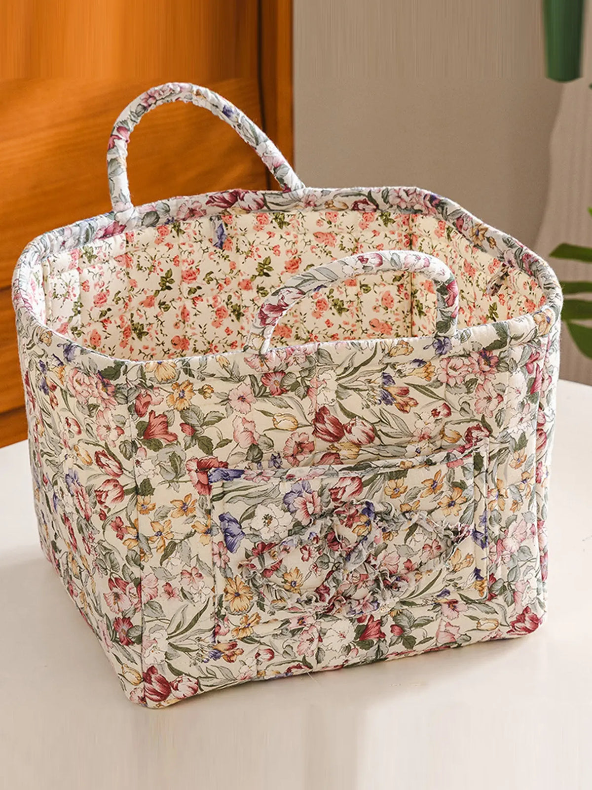 Floral Pattern Fabric Decorative Storage Basket, Portable Home Organizer for Kitchen, Bathroom and Office, Flower, Bathroom Storage Baskets