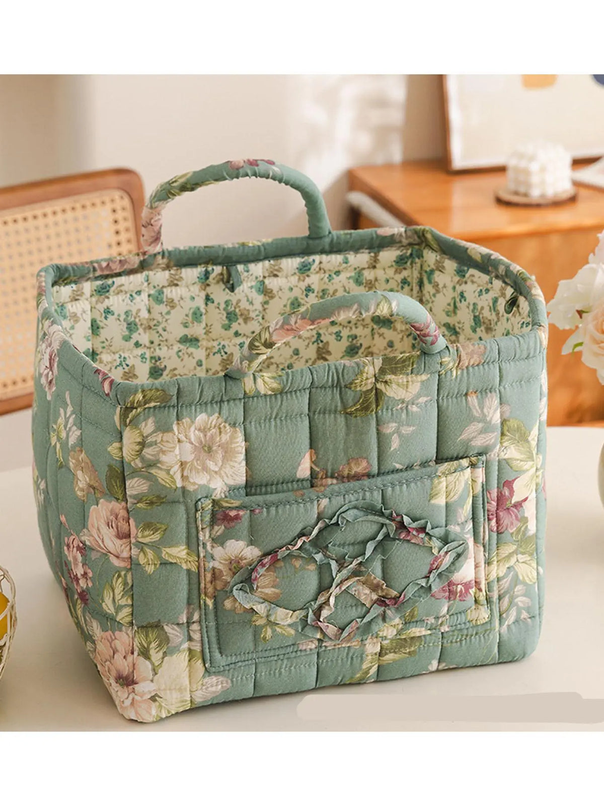 Floral Pattern Fabric Decorative Storage Basket, Portable Home Organizer for Kitchen, Bathroom and Office, Flower, Bathroom Storage Baskets