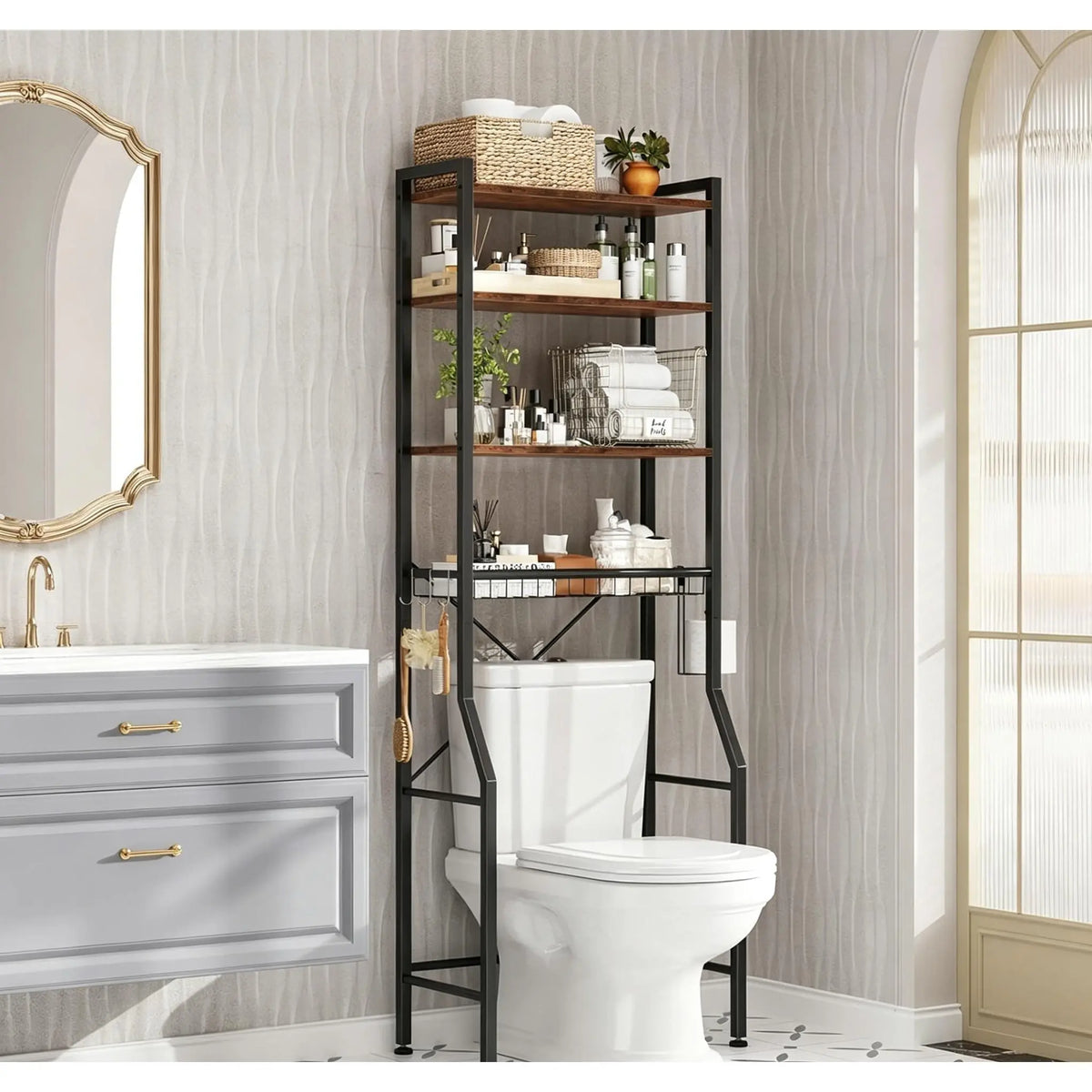 68IN Bathroom Storage Shelf, Space-Saving Over-The-Toilet Rack with 3 Adjustable Shelves, Hooks, Basket – Rustic Farmhouse Freestanding Organizer