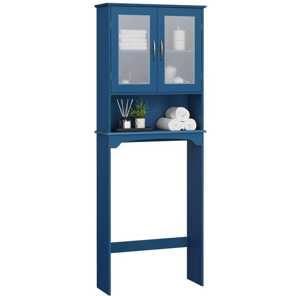 Costoffs Modern Over-The-Toilet Storage Cabinet, Space-Saving Indoor Bathroom Cupboard with Adjustable Shelf, Tempered Glass Doors, Open Shelf, White Unit for Bathroom Organizers,dorm essentials,home decor