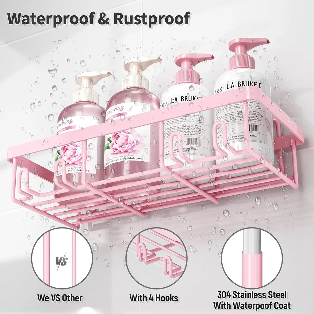 Pink 5-Piece Metallic Rustproof Iron Drill-Free Installation Wallmount Shelves Shower Caddy Set - Heavy-Duty Adhesive Bathroom Organizer with Toothbrush, Soap, Shaver Holders, Plug-and-Play Design, Dorm Essential, Graduation Gift, Adds Style to Bathroom,