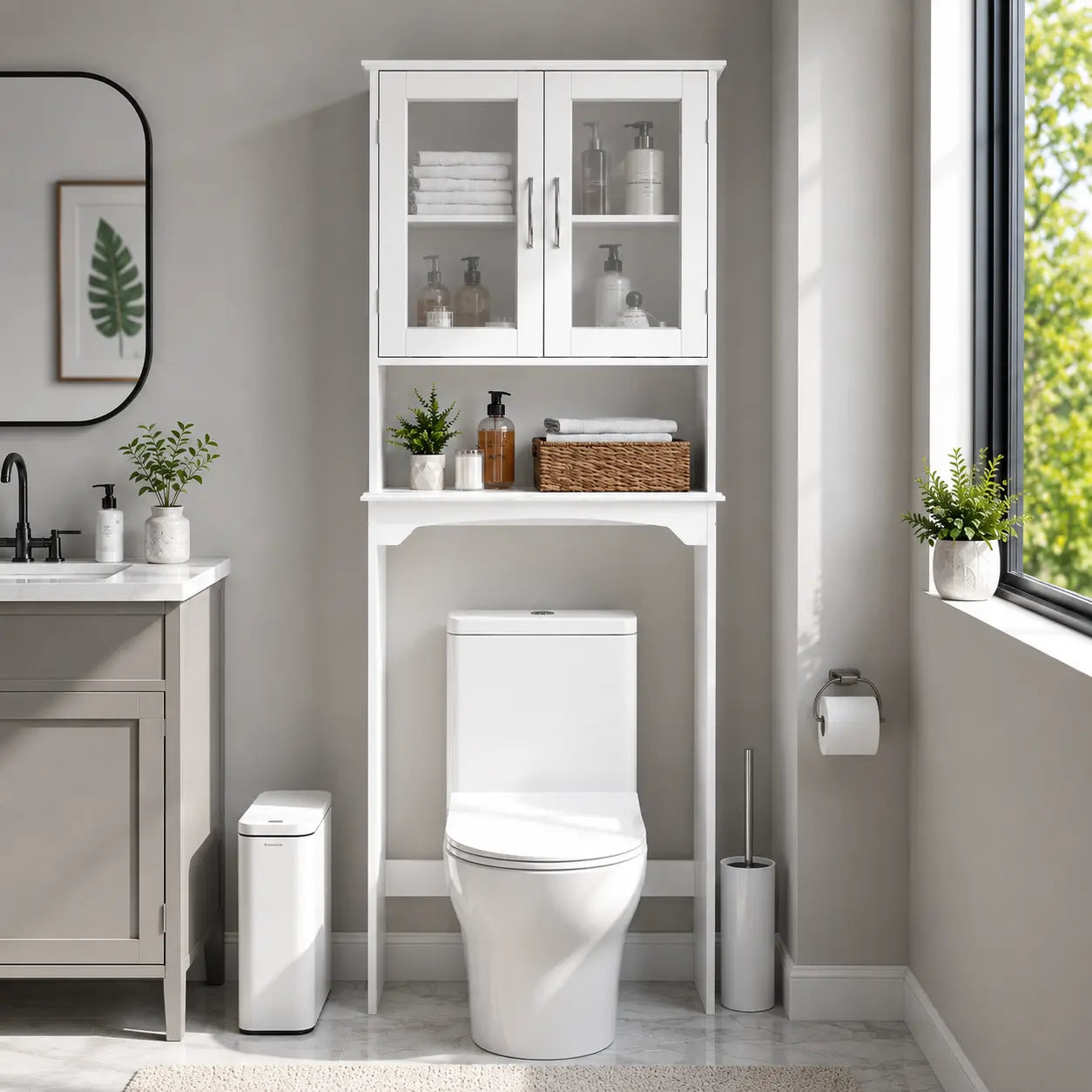 Costoffs Modern Over-The-Toilet Storage Cabinet, Space-Saving Indoor Bathroom Cupboard with Adjustable Shelf, Tempered Glass Doors, Open Shelf, White Unit for Bathroom Organizers,dorm essentials,home decor