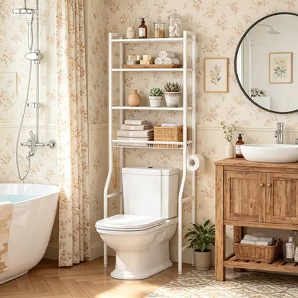 Sweetcrispy 68.5" Tall Storage Freestanding Bathroom Rack - Iron & Wood Over-the-Toilet Organizer, Home Decor, Bathroom Decor, Tall Bottle Fit for Towels & Toiletries, Rustic Design for Organized Setup