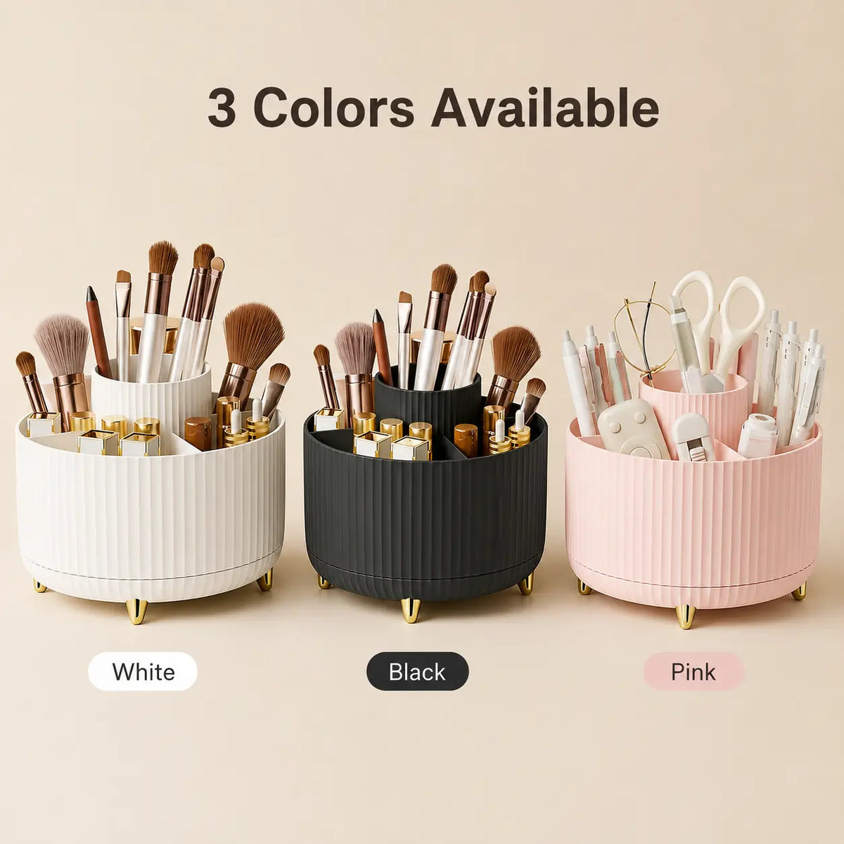 UFORU Modern Plastic 360° Rotating Makeup Organizer - 5 Compartments, Smooth Luxury Stripe Design, Bathroom Organizer for Vanity Desk Accessories, Storage Organization for Brushes, Lipstick, Skincare