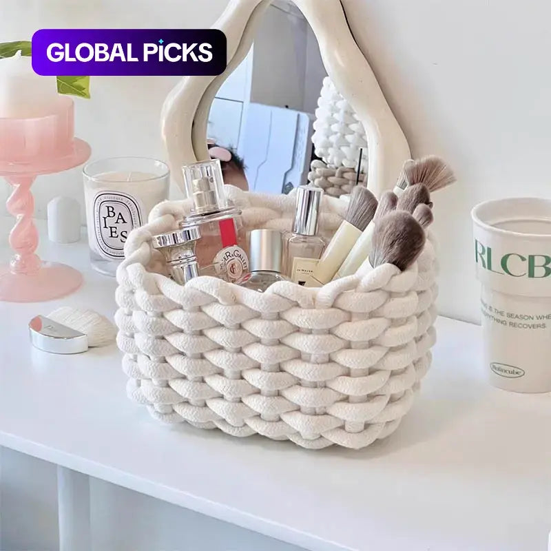 1/2 Counts Woven Decorative Storage Basket, Stackable Rope Cosmetics Storage Bin, Rope Baskets for Storage, Baskets for Organizing, Desk Organizer for Snacks, Perfume and Home Decor in Bedroom, Living Room, Vanity or Bathroom, Rope Basket #GLOBAL PICKS