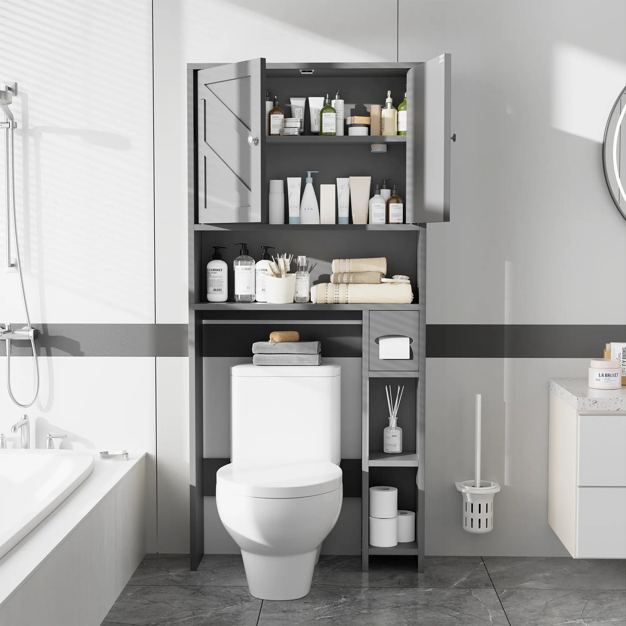 Walsunny Over The Toilet Storage Cabinet, Bathroom Farmhouse Storage Cabinet with Adjustable Shelf, 2-Door Toilet Storage Rack with Toilet Paper Holder, White