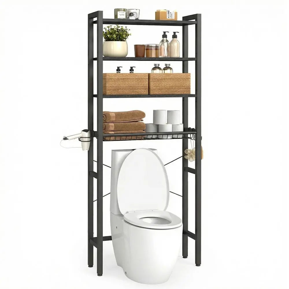 VASAGLE Wall-Mount Over-the-Toilet Storage Cabinet, Bathroom Organizers with Adjustable Multiple-Tier Shelves, Basket, 3 Hooks, Space-Saving Indoor Cupboard