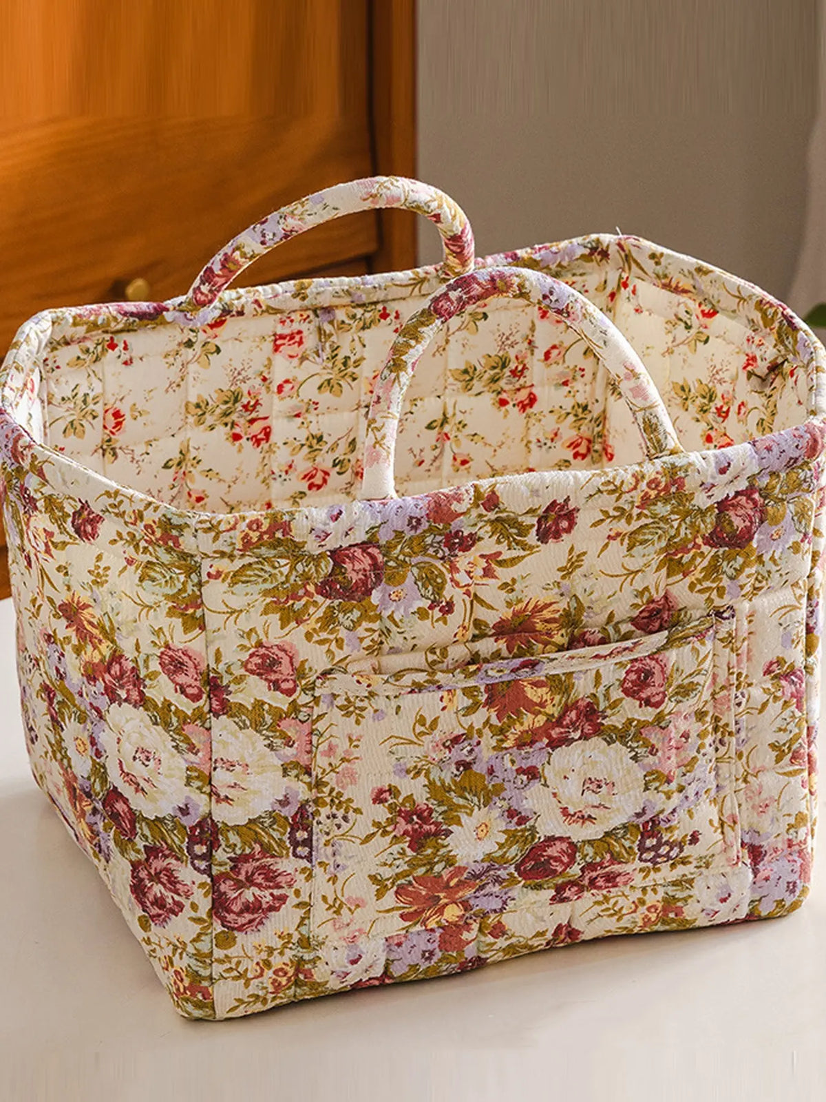 Floral Pattern Fabric Decorative Storage Basket, Portable Home Organizer for Kitchen, Bathroom and Office, Flower, Bathroom Storage Baskets