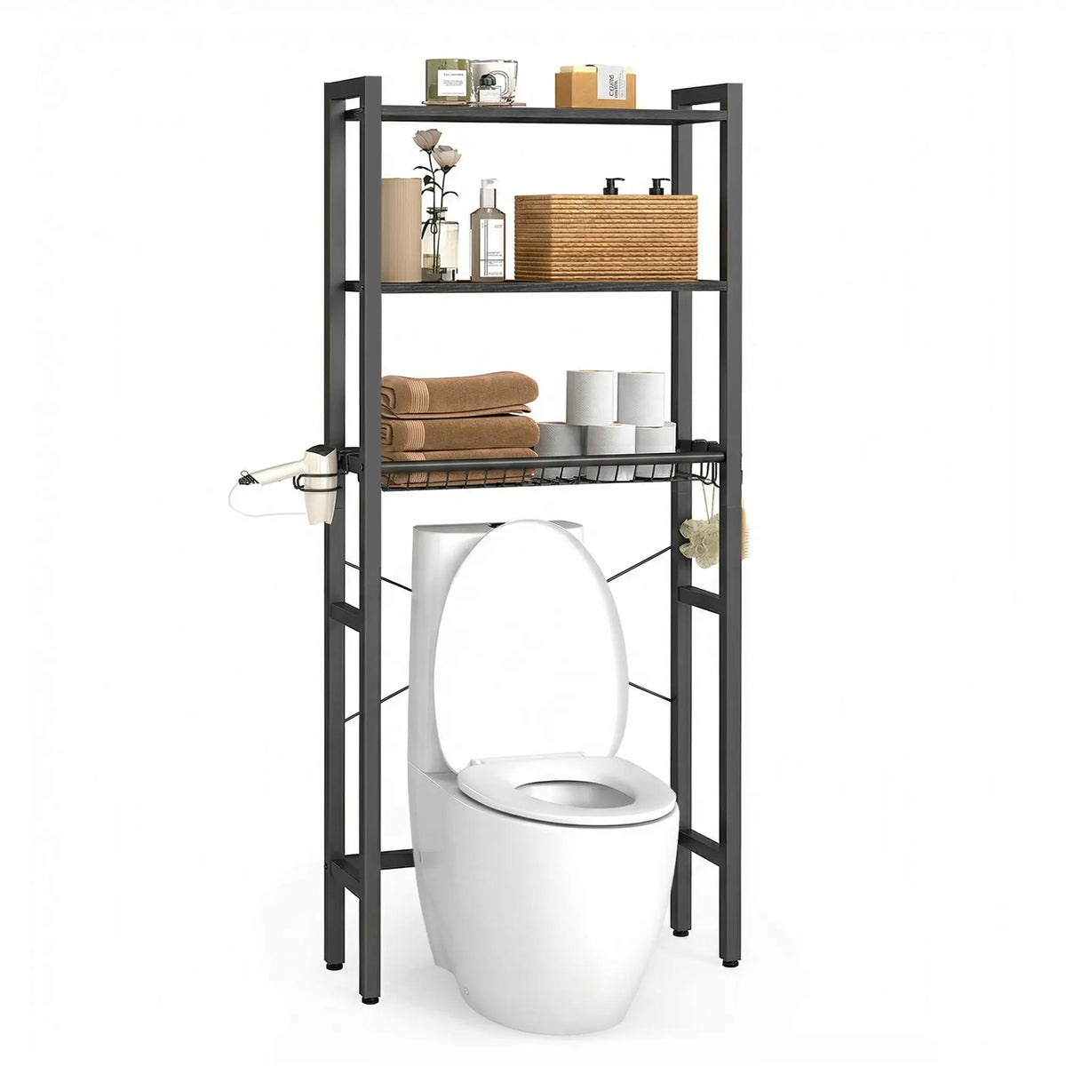 VASAGLE Wall-Mount Over-the-Toilet Storage Cabinet, Bathroom Organizers with Adjustable Multiple-Tier Shelves, Basket, 3 Hooks, Space-Saving Indoor Cupboard