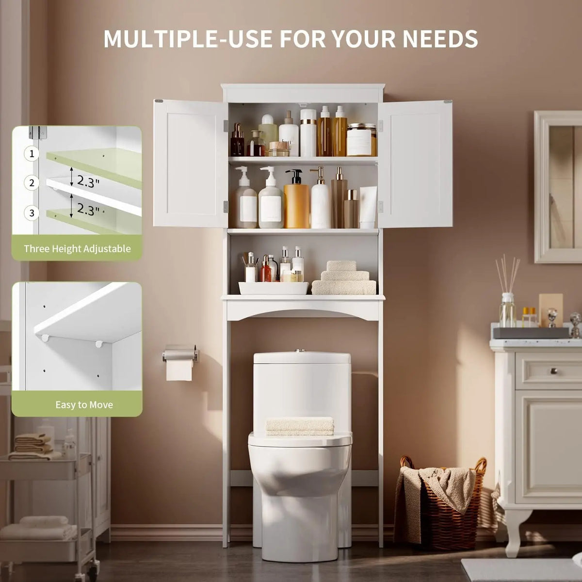 Gizoon Over the Toilet Storage Cabinet with Adjustable Shelf, White Bathroom Space Saver Organizer Above Toilet with Open Shelf and Double Doors, Taller Wooden Free Standing Toilet Rack