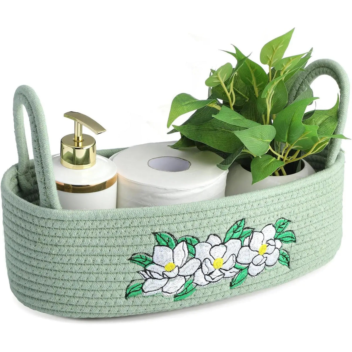 Magnolia Woven Storage Basket for Toilet  Top Boho  Rope Bathroom Countertop Organizer Basket with Handle Green Bathroom Decor for Bedroom  Toys Organizing, 13 x 6 x 4 Inch