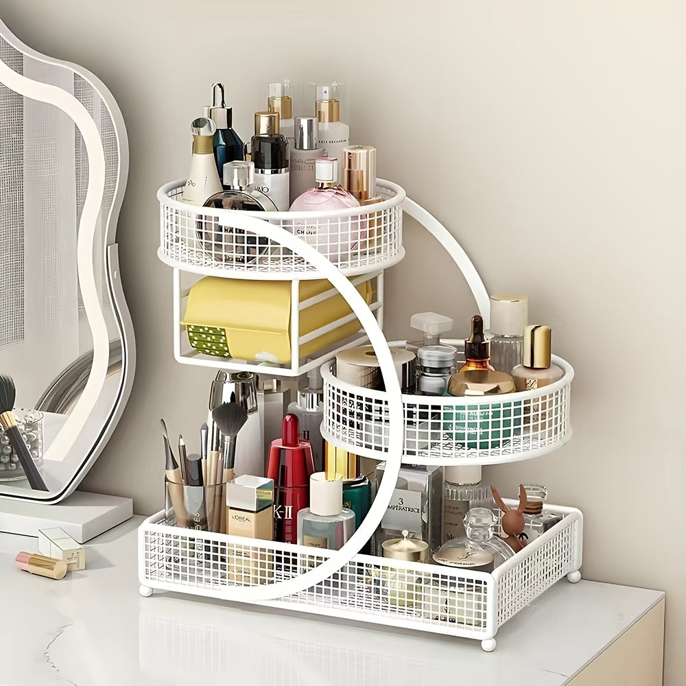 A 3-Tier Metal Cosmetic Organizer with a Varnished End, Featuring a Tissue Box. This Lightweight And No-Installation-Required Storage Rack Can Serve As a Dressing Table Or a Countertop Organizer in The Bathroom
