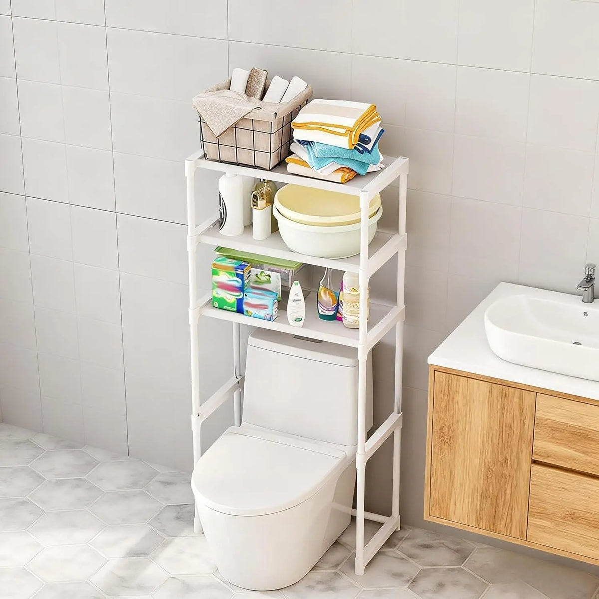 Garvee 3-Tier Over The Toilet Rack, Metal Bathroom Shelves, Over The Toilet Storage, Freestanding Above Toilet Shelf for Bathroom, Laundry, Balcony, Space Saver, White(Toilet not included)