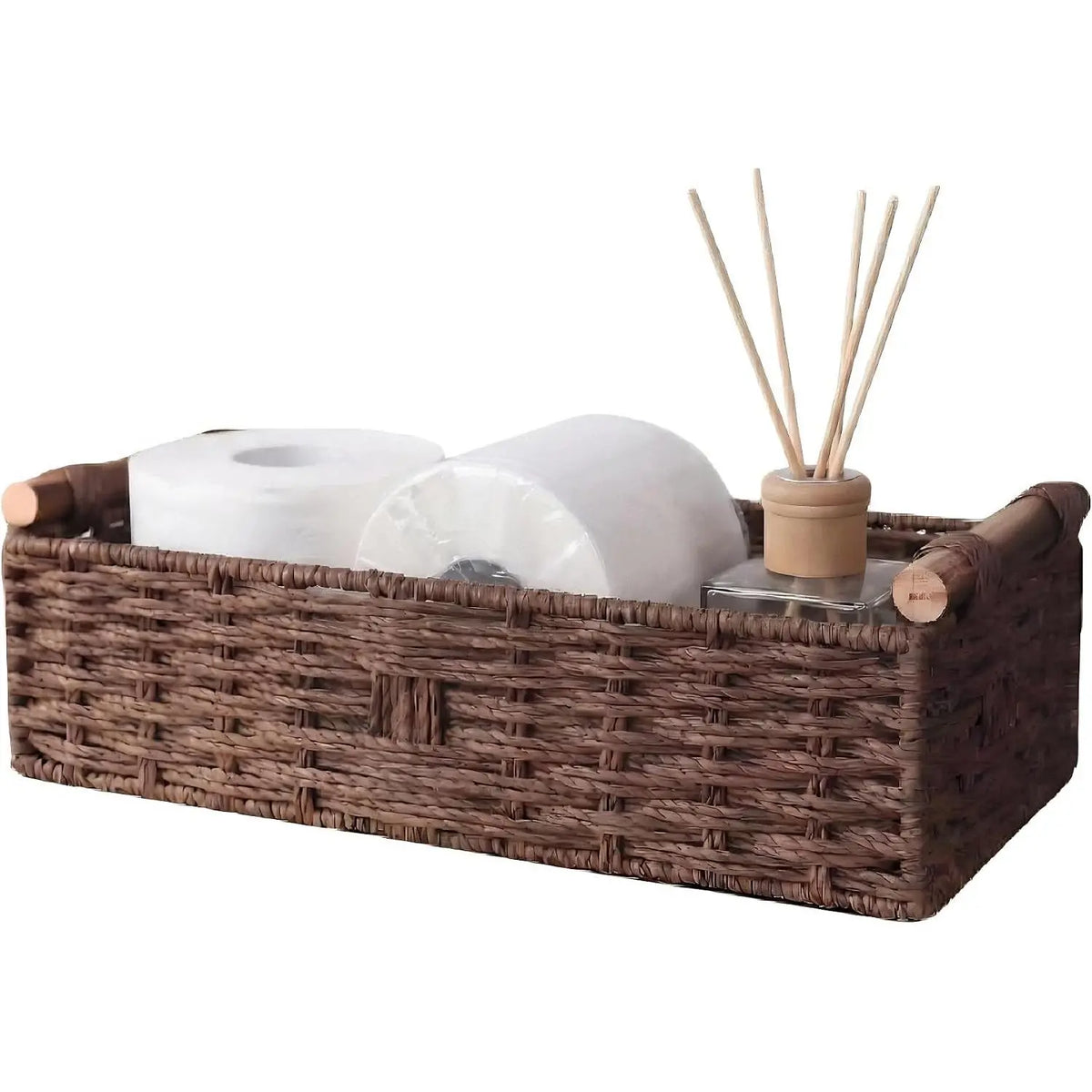 Woven Bathroom Basket with Wood Handles — Toilet Paper Storage Organizer, Back of Toilet Basket, Natural Wicker Basket for Tank Top, Countertop or Shelf