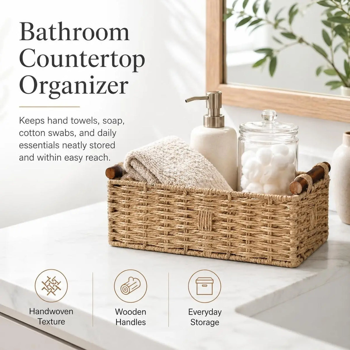 Woven Bathroom Basket with Wood Handles — Toilet Paper Storage Organizer, Back of Toilet Basket, Natural Wicker Basket for Tank Top, Countertop or Shelf