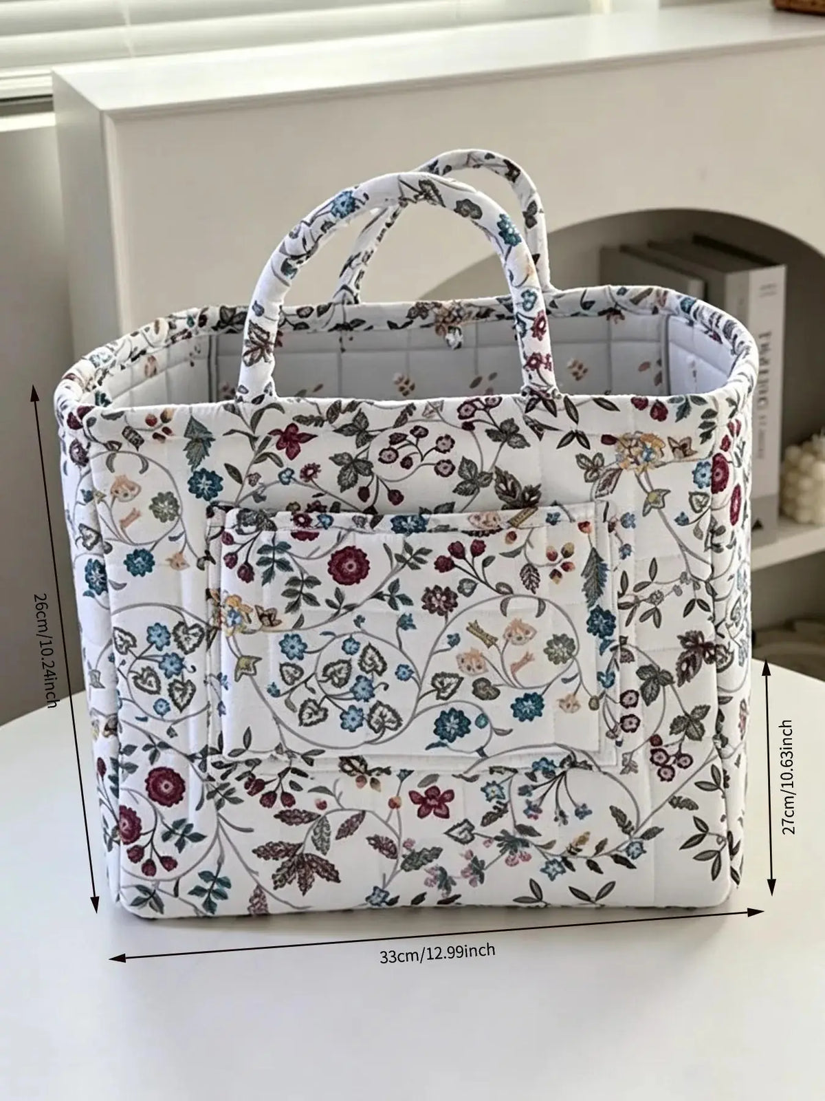 Vintage Floral Quilted with Double Handles, Foldable Fabric Organizer Tote for Bathroom Car Picnic, Bathroom Storage Baskets
