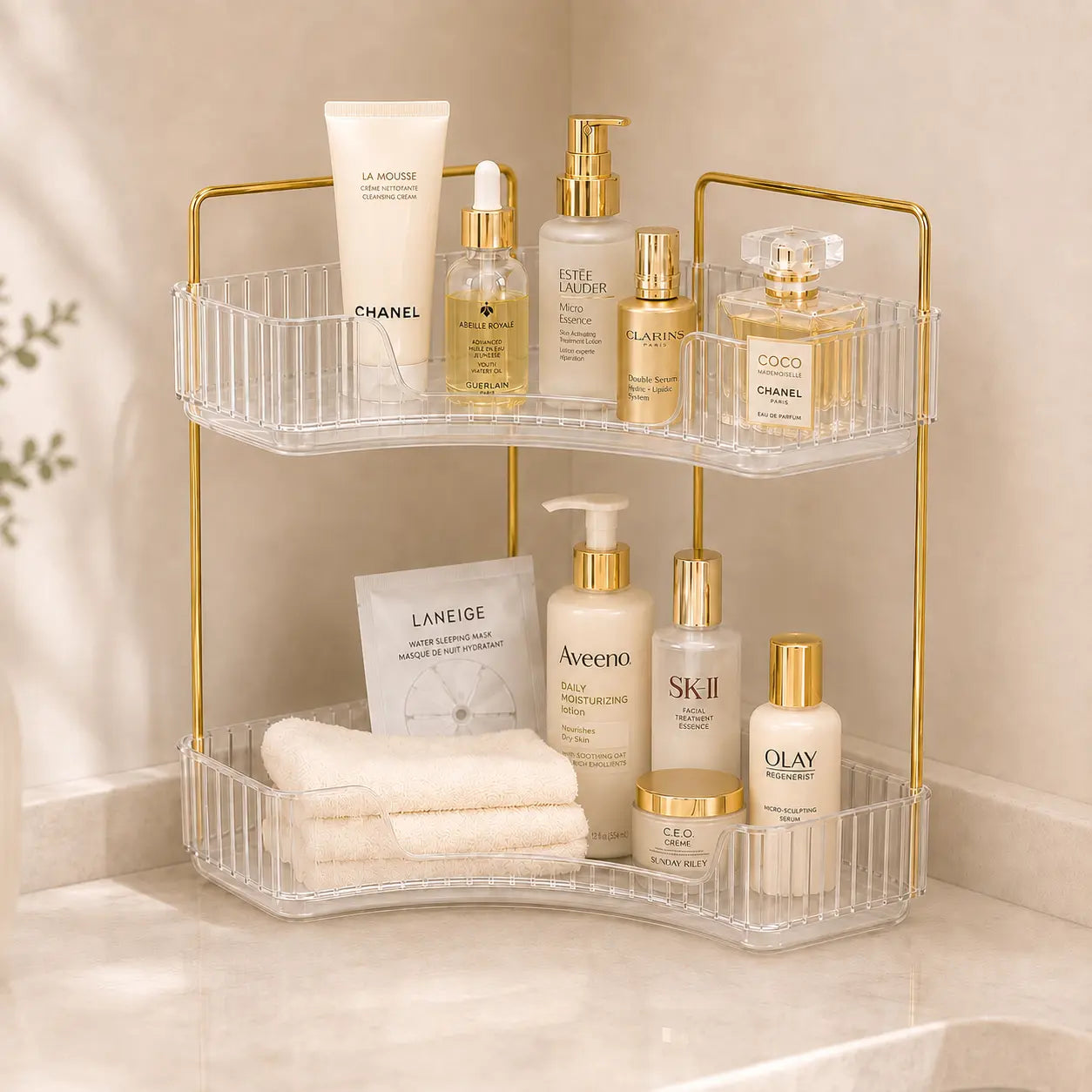 2-Tier Compact Corner Vanity Organizer, Large Cap. Storage Shelf for Makeup, Skincare, Perfume, Bathroom Accessories, Space-Saving Modern Design for Multiple Rooms