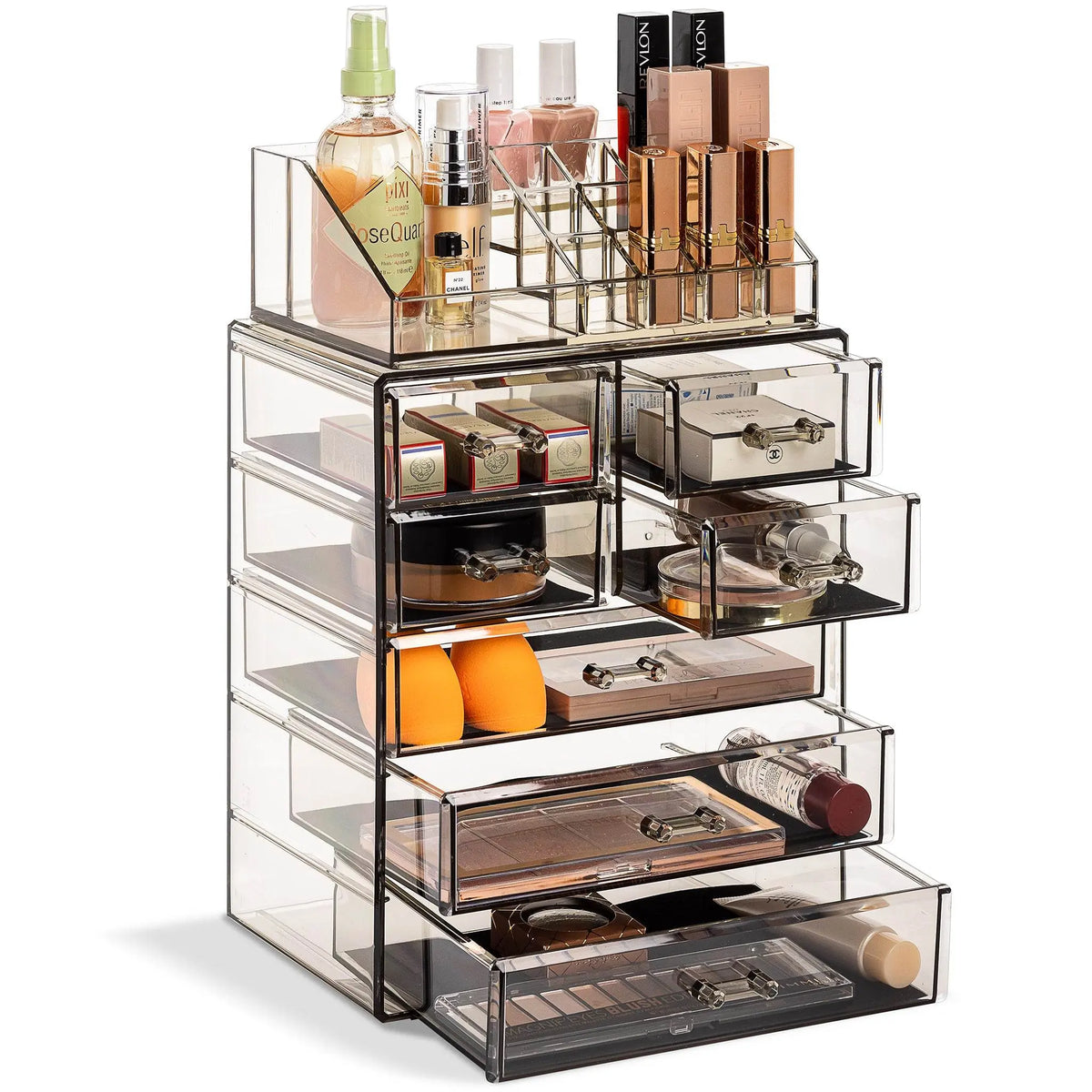 Sorbus Medium Cosmetic Storage Organizer Set - Durable Plastic Boxes with 3 Large Drawers, 4 Small Drawers, Removable Top Tray, Handle, Slide Design for Multicolor Vanity Make-up Bags