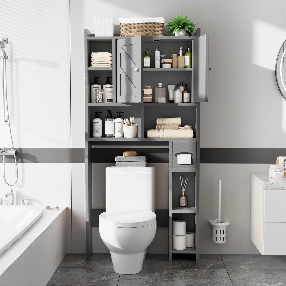 Walsunny Over The Toilet Storage Cabinet, Farmhouse Storage Cabinet with 2 Barn Door & Toilet Paper Holder Stand, Toilet Rack for Bathroom, Laundry Furniture Organizer