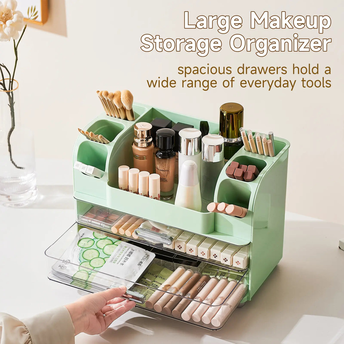 Modern ABS Makeup Organizer - Drill-Free Vanity Storage Organization Unit with Latch, Adjustable All-Purpose Cosmetic Organisers, 2 Large Drawers, Brush Holders, Cream Boxes, Easy Installation for Bathroom Countertop, Ideal Gift