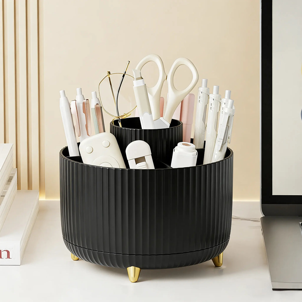 UFORU Modern Plastic 360° Rotating Makeup Organizer - 5 Compartments, Smooth Luxury Stripe Design, Bathroom Organizer for Vanity Desk Accessories, Storage Organization for Brushes, Lipstick, Skincare