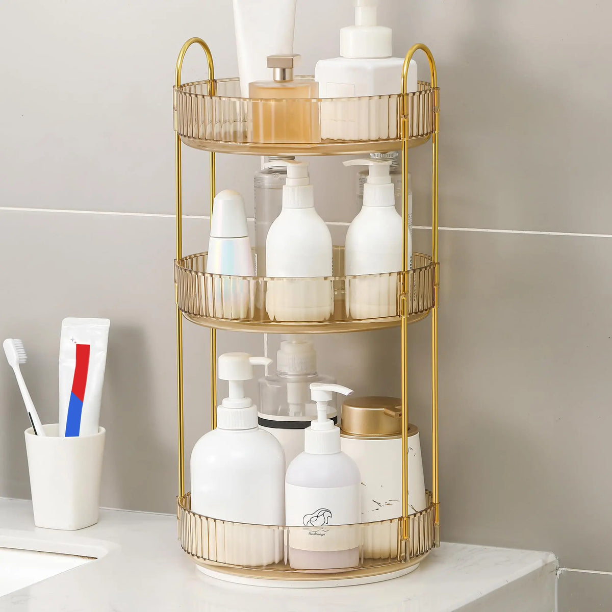 Natural Summertime 3-Tier Transparent Plastic Waterproof 360-Degree Rotating Makeup Organizer - Vanity Organization for Bathroom Counter, Large-Capacity Storage Organization for Skincare & Perfume, Dresser Countertop Organizer Storage, Water Proof, All-Pu
