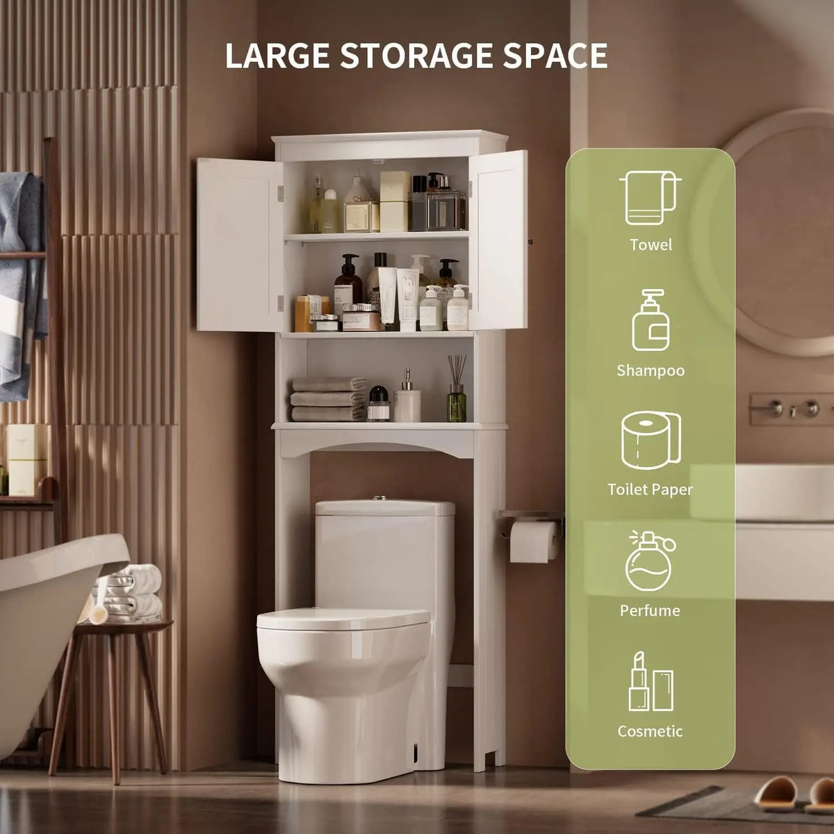 Gizoon Over the Toilet Storage Cabinet with Adjustable Shelf, White Bathroom Space Saver Organizer Above Toilet with Open Shelf and Double Doors, Taller Wooden Free Standing Toilet Rack