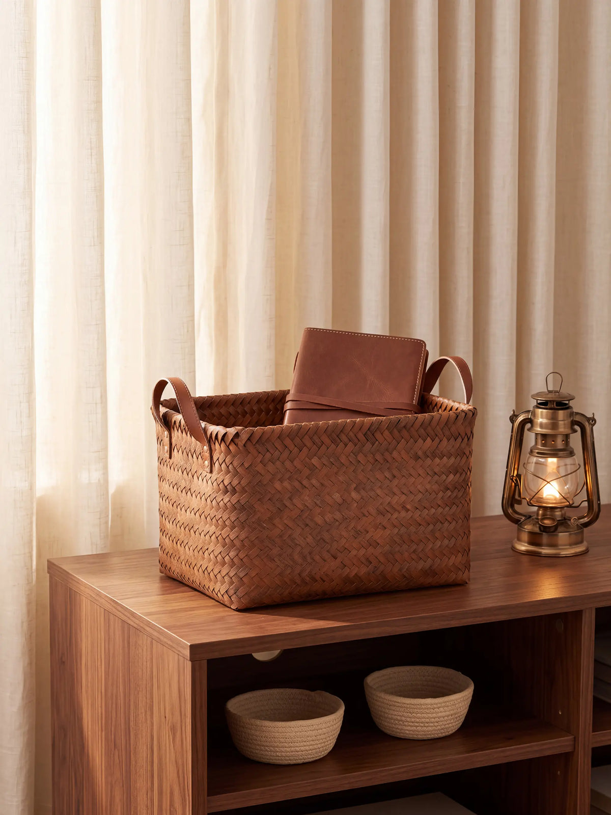 BROWNLILY Handwoven Wicker Storage Baskets with Vegan Leather Accents, 4/6/8-Pack Large Brown Bins with Handles, Decorative Faux Rattan Organizers for Shelves, Laundry, Bathroom Decor