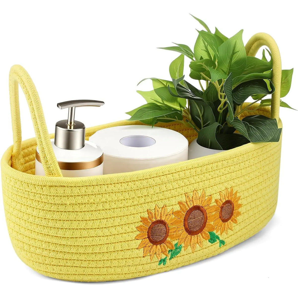 Magnolia Woven Storage Basket for Toilet  Top Boho  Rope Bathroom Countertop Organizer Basket with Handle Green Bathroom Decor for Bedroom  Toys Organizing, 13 x 6 x 4 Inch