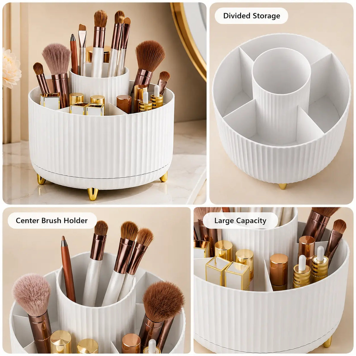 UFORU Modern Plastic 360° Rotating Makeup Organizer - 5 Compartments, Smooth Luxury Stripe Design, Bathroom Organizer for Vanity Desk Accessories, Storage Organization for Brushes, Lipstick, Skincare