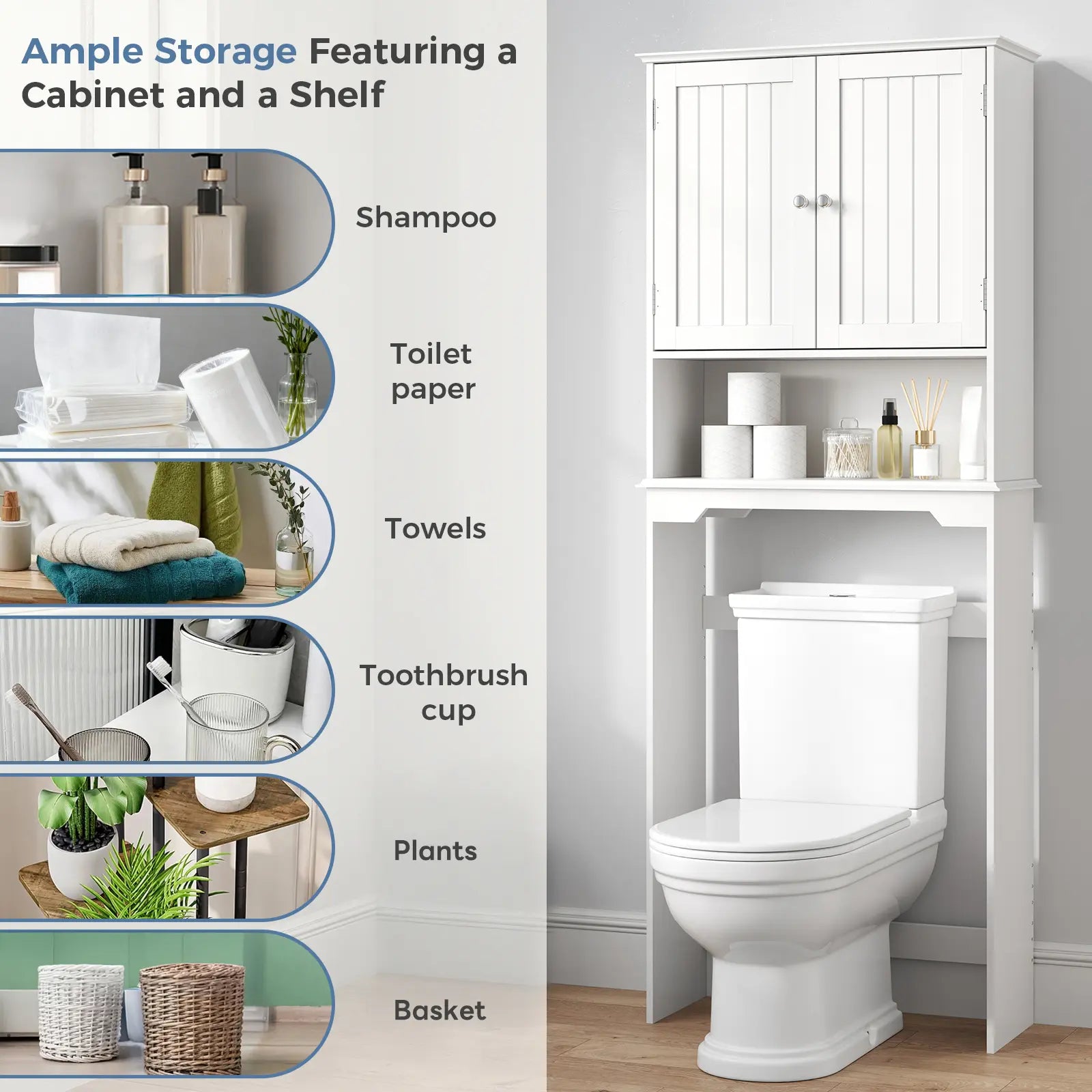 Sweetcrispy Over the Toilet Storage Cabinet, Bathroom Storage Cabinet Over Toilet with Double Doors and Adjustable Shelf, Freestanding Toilet Rack for Bathroom, Black