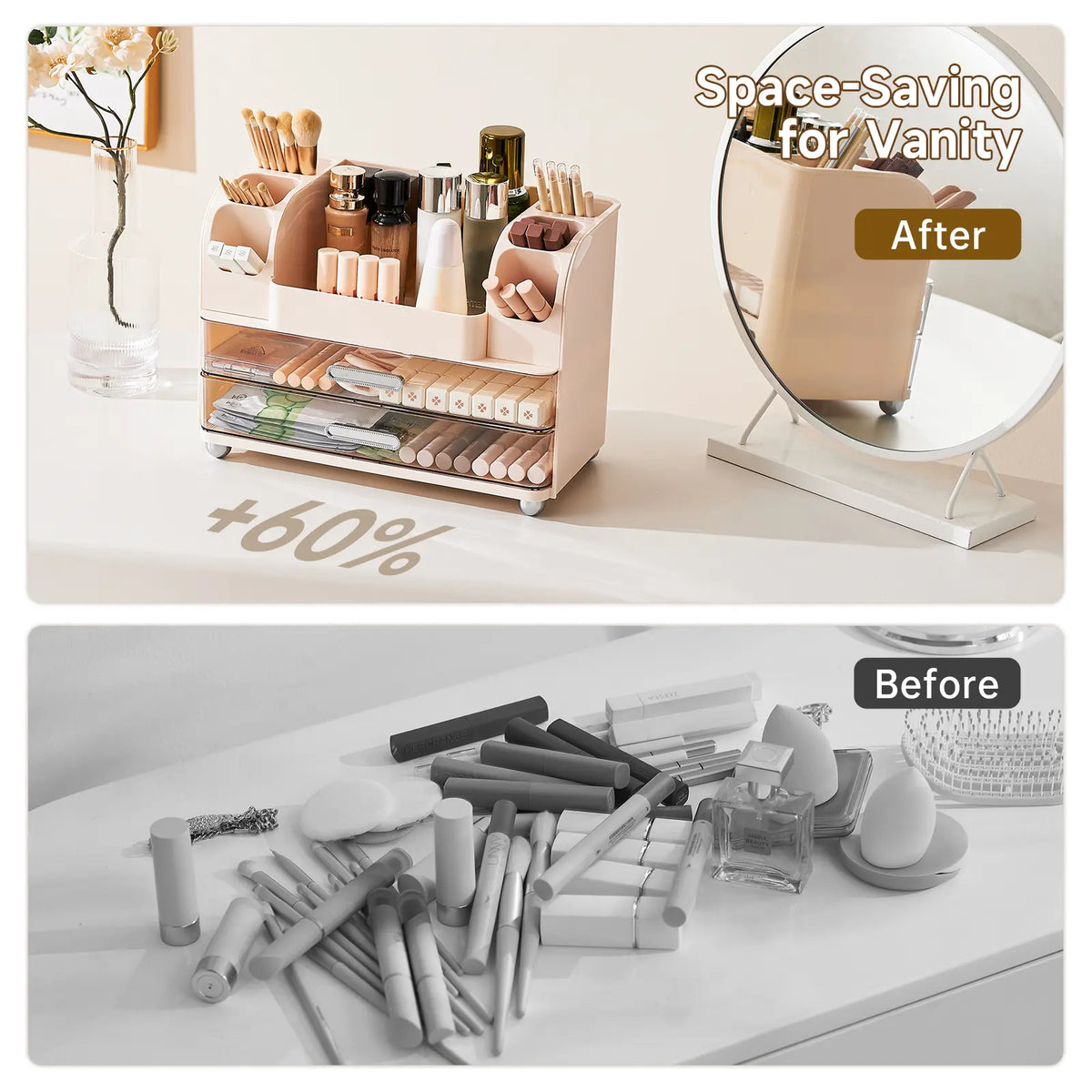 Modern ABS Makeup Organizer - Drill-Free Vanity Storage Organization Unit with Latch, Adjustable All-Purpose Cosmetic Organisers, 2 Large Drawers, Brush Holders, Cream Boxes, Easy Installation for Bathroom Countertop, Ideal Gift