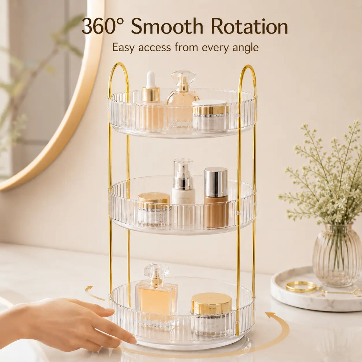 UFORU 360° Rotating Smooth Acrylic Storage Organizer - Large-Capacity, Durable Metal-Frame Multifunctional Storage Bin with Multi-Layer Rotation, Lipstick & Perfume Holder, 360° Quick Access Bathroom Accessories for Vanity, Girlfriend Birthday Gift