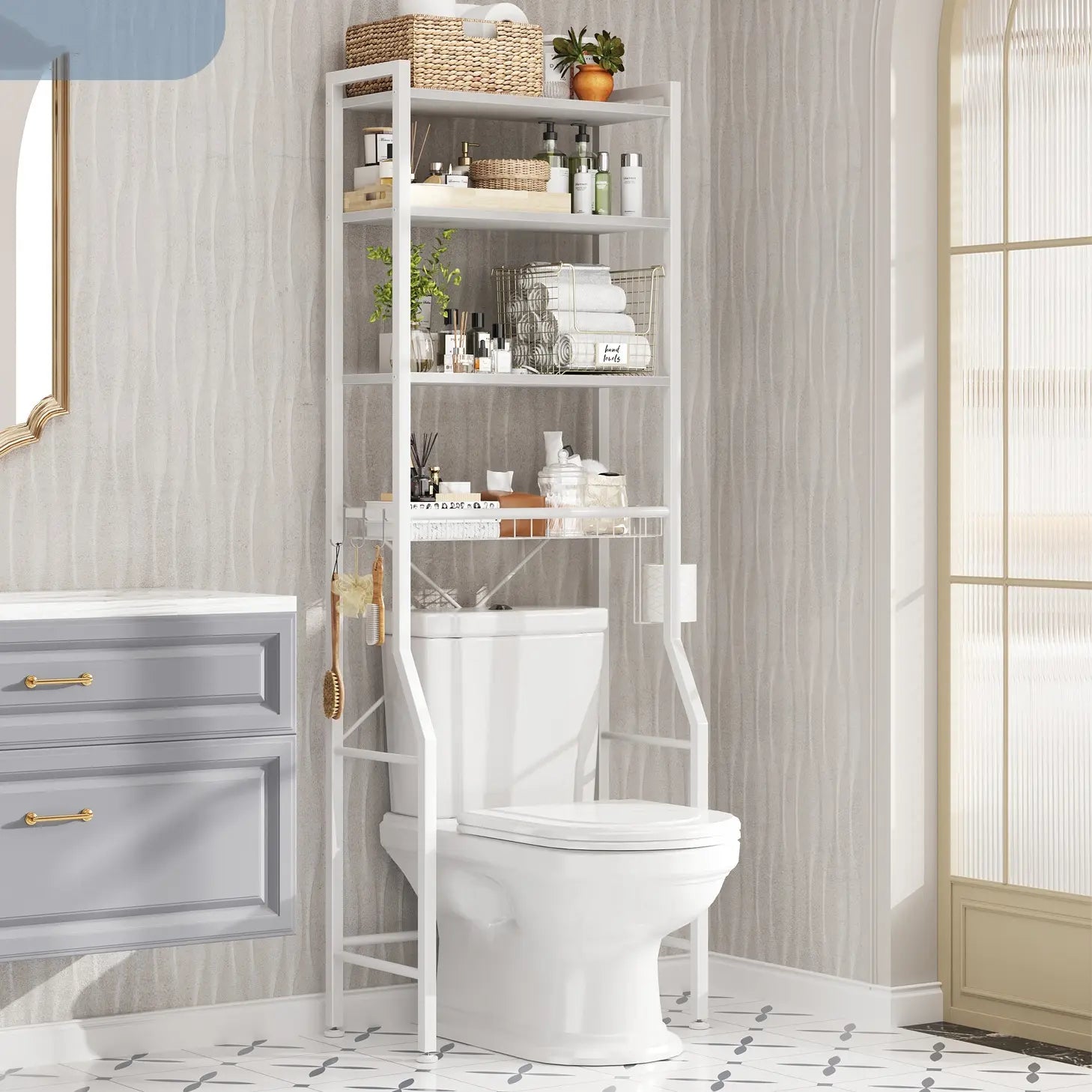 Sweetcrispy Rustic Brown Wood Over-the-Toilet Storage Rack - Bathroom Organizing Accessories with Adjustable Shelf, Removable Storage Basket, Removable Hooks, TP Roll Hooks - Space-Saver for Small Bathrooms, Laundry Rooms