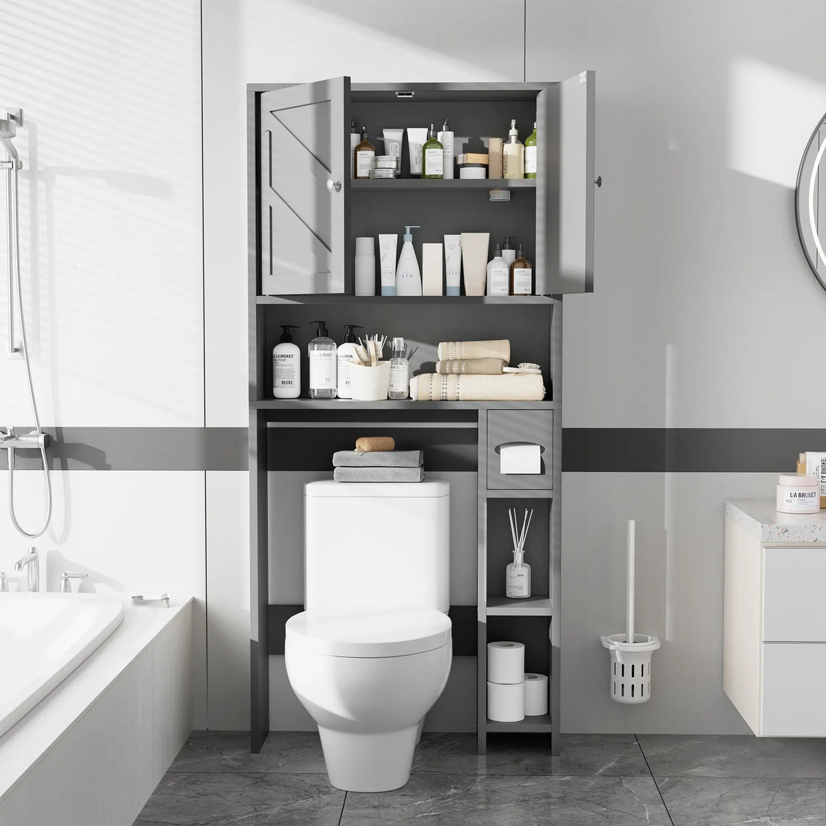 Walsunny Over The Toilet Storage Cabinet, Farmhouse Storage Cabinet with 2 Barn Door & Toilet Paper Holder Stand, Toilet Rack for Bathroom, Laundry Furniture Organizer