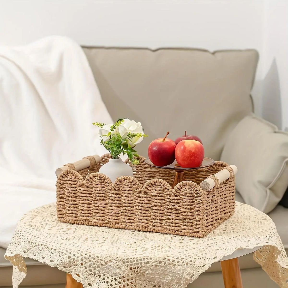 Woven Storage Basket with Fan Edge Design, Natural Toilet Tank Top Shelf Basket for Bathroom Storage Baskets, Living Room & Bedroom Home Decor