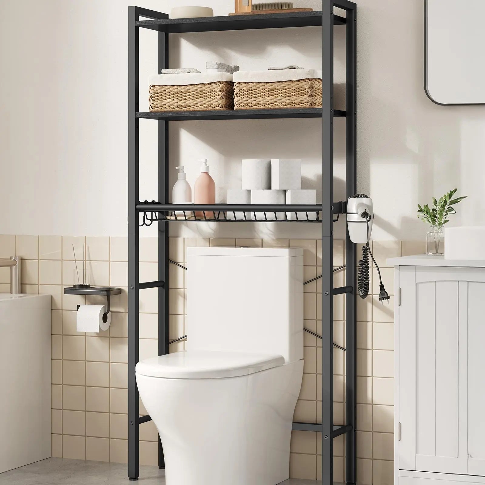 VASAGLE Wall-Mount Over-the-Toilet Storage Cabinet, Bathroom Organizers with Adjustable Multiple-Tier Shelves, Basket, 3 Hooks, Space-Saving Indoor Cupboard