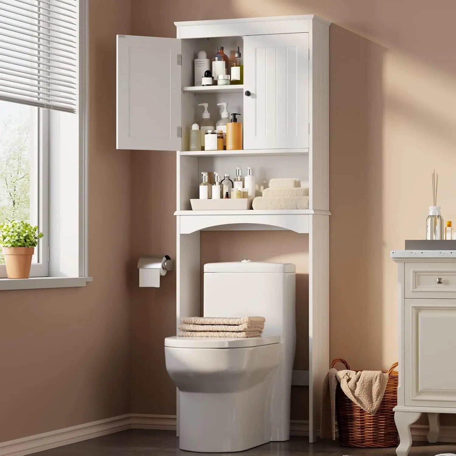 Gizoon Over the Toilet Storage Cabinet with Adjustable Shelf, White Bathroom Space Saver Organizer Above Toilet with Open Shelf and Double Doors, Taller Wooden Free Standing Toilet Rack