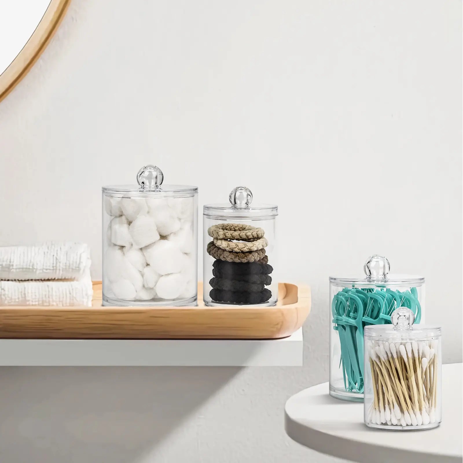 4-Pack Qtip Holder Dispenser - Small Clear Plastic Storage Jars Set for Bathroom Organization, Vanity Makeup Organizer