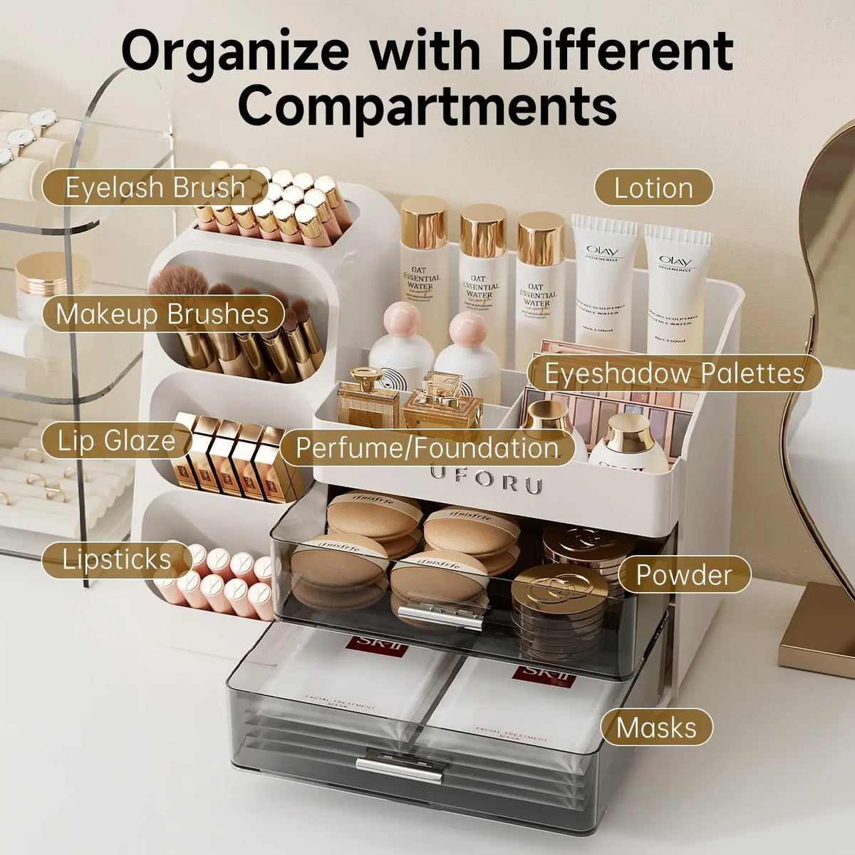UFORU-Large Capacity Makeup Storage Box, Multi-functional Makeup Brush Lipstick Eyebrow Pencil Storage Box, Desktop MakeupOrganizer,Cosmetics Organizer Storage, jewelry organizer Pink,White,dorm essentials,home decor