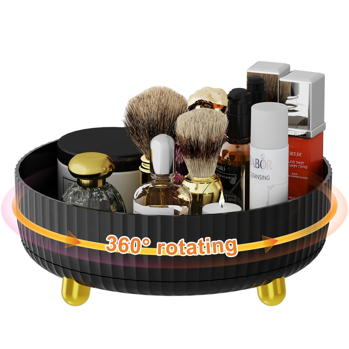 [360 Rotating Vanity Tray] 1pc Large Capacity 360-Degree Rotating Makeup And Perfume Organizer - Sleek Vanity Storage Tray with Golden Accents, Ribbed Edge Design for Stability, No Assembly Required, Vanity Tray