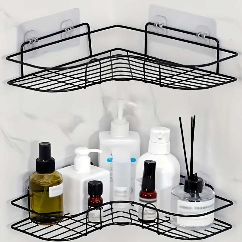1pc Large Size Wrought Iron Black Metal Mesh Design, No Drilling Wall-Mounted Bathroom Shelf, Convenient for Taking And Organizing, Suitable for Shampoo, Conditioner