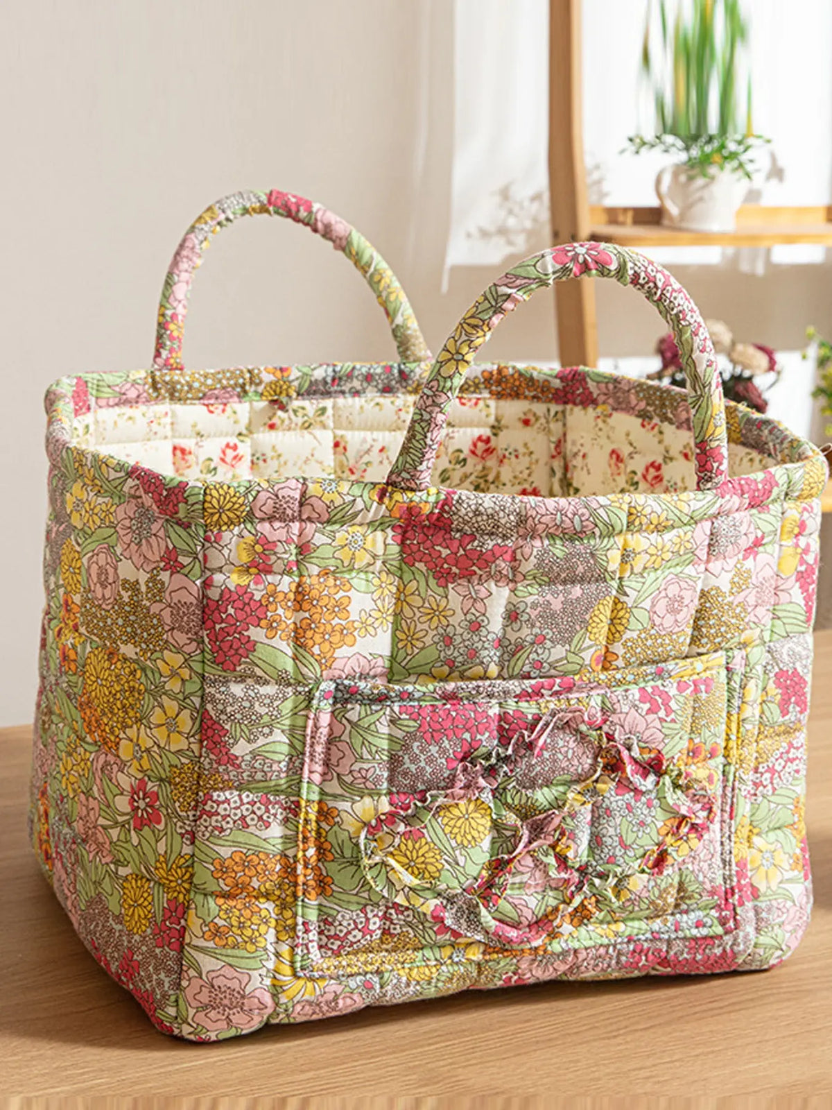 Floral Pattern Fabric Decorative Storage Basket, Portable Home Organizer for Kitchen, Bathroom and Office, Flower, Bathroom Storage Baskets