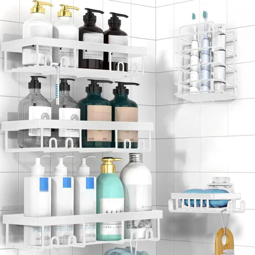 Jabukosu Matte Gold Stainless Steel Bathroom Accessory Sets - 5 & 1 Wall-Mounted Shelf Holders, No-Drill Waterproof Adhesive Organizer Storage for Shampoo, Soap