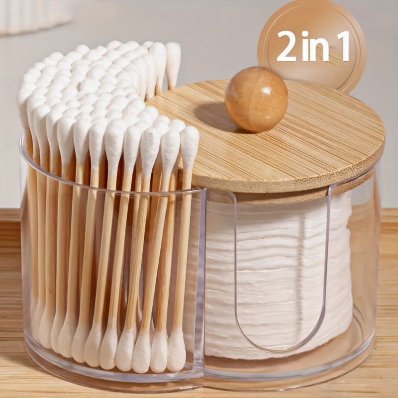Makeup Round Pad/Floss Sign Holder, Bathroom Essential Jar Additions Bathroom Organization Jar Dresser Organizer 2-In-1 Conjoined Cover Cotton Swab Box Makeup Remover Cotton Storage Box Desktop Cotton Pad Storage Box Double Hole Round Storage