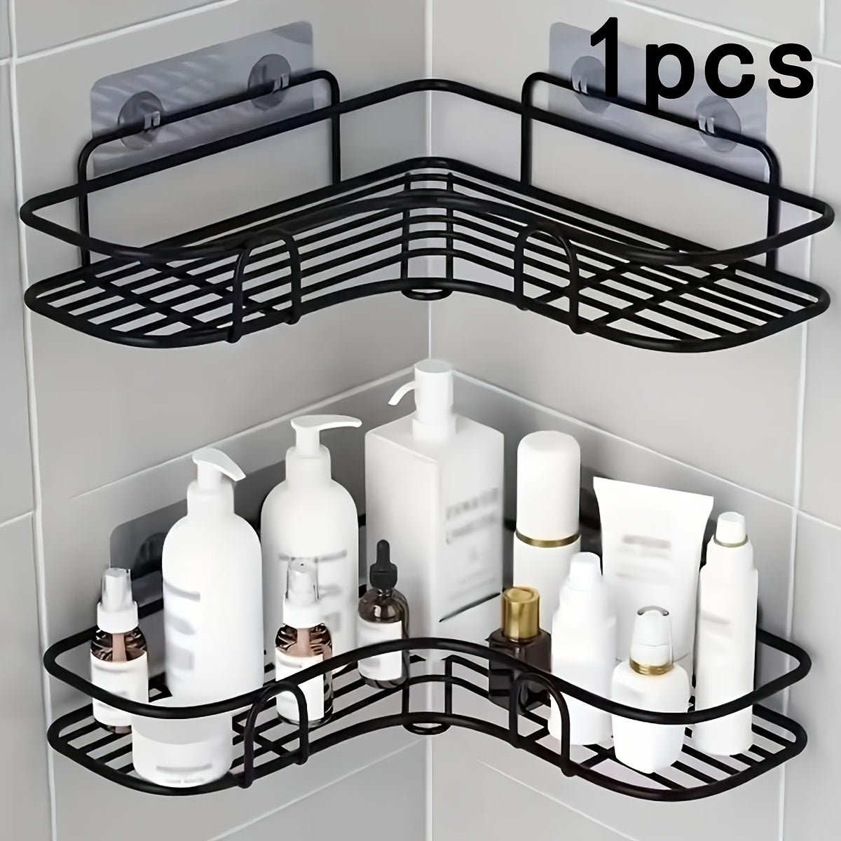 1pc Large Size Wrought Iron Black Metal Mesh Design, No Drilling Wall-Mounted Bathroom Shelf, Convenient for Taking And Organizing, Suitable for Shampoo, Conditioner