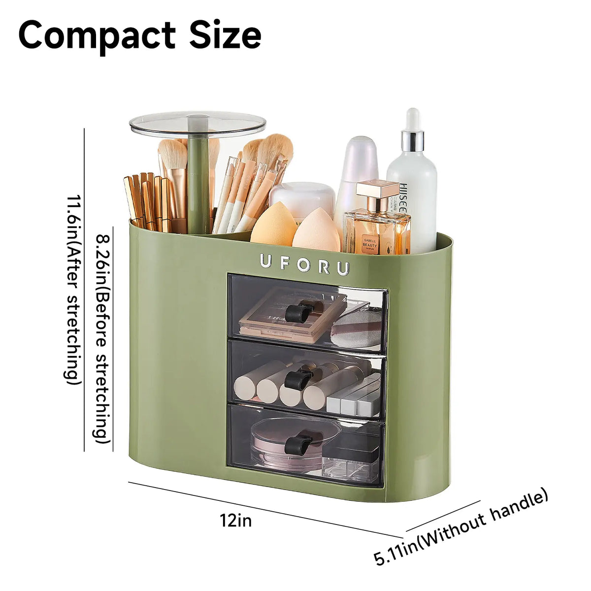 UFORU Plastic Makeup Tool Organizer with Drawers, 4-Slot 1-Touch Open Brush Holder, Spacious Storage Organization for Vanity Dresser & Bathroom Countertop (White)
